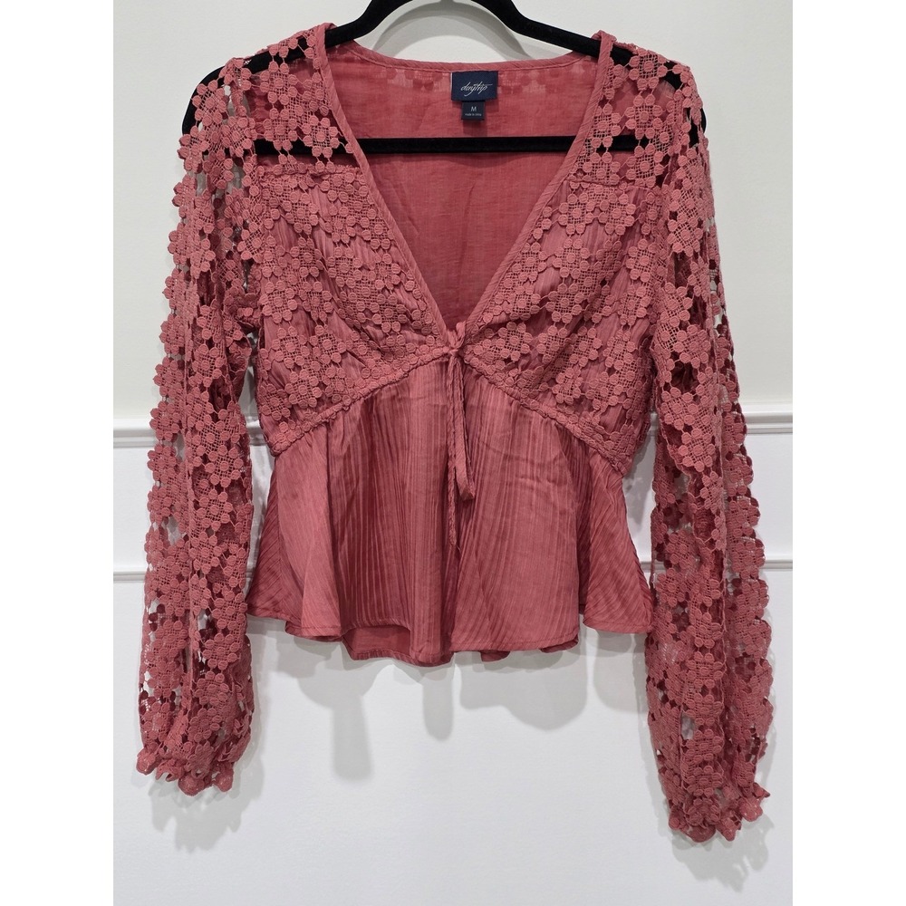 Daytrip Dusty Rose Crochet Lace Peplum‎ Tie Front Balloon Bohemian inspired M